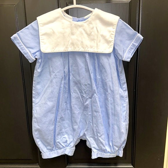 Monday’s Child Blue Corduroy Bubble Romper w/ White Peter Pan Collar 18m - Picture 1 of 5